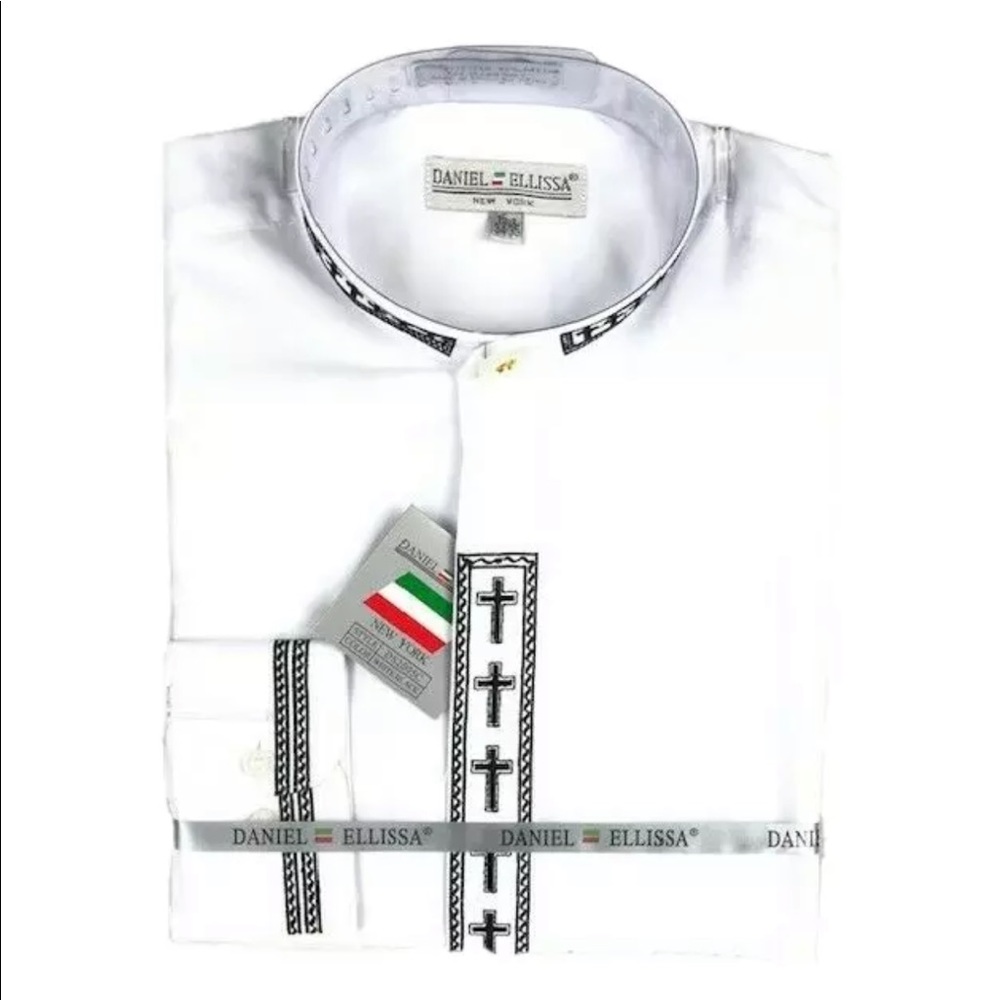 Daniel Ellissa Men's Clergy Shirt White with Black Cross Convertible Cuff